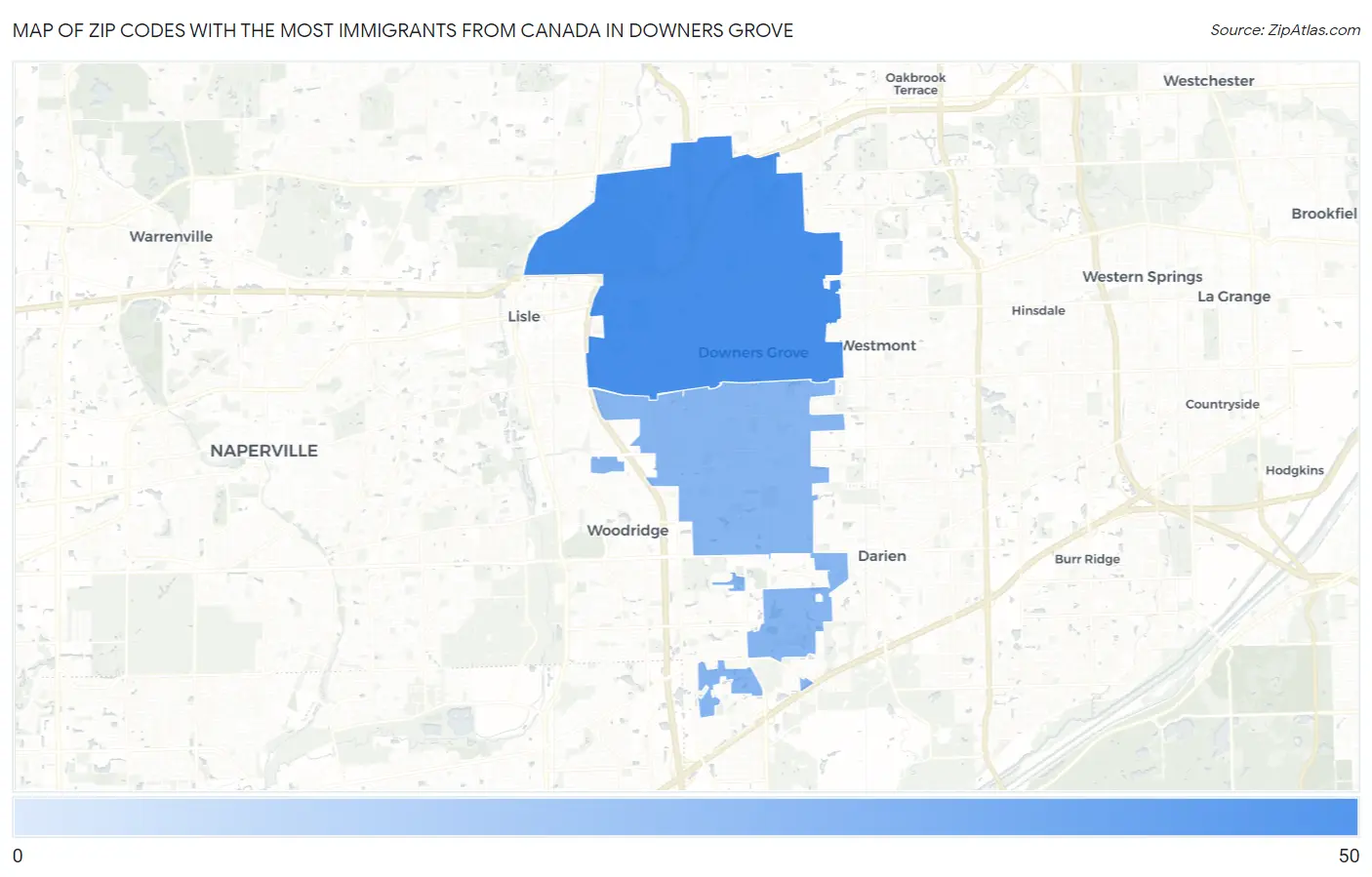 Zip Codes with the Most Immigrants from Canada in Downers Grove Map