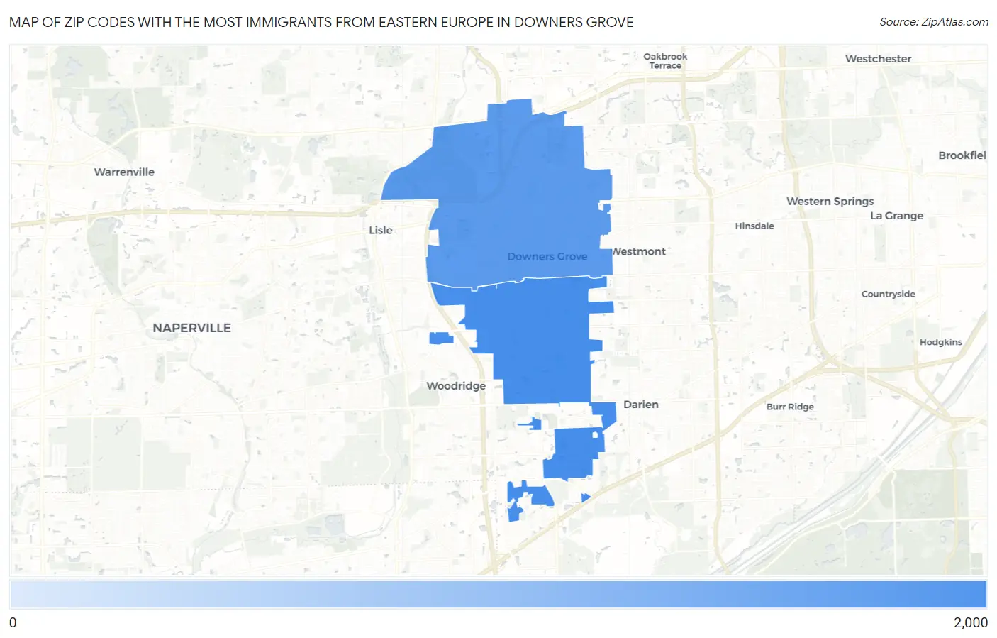 Zip Codes with the Most Immigrants from Eastern Europe in Downers Grove Map