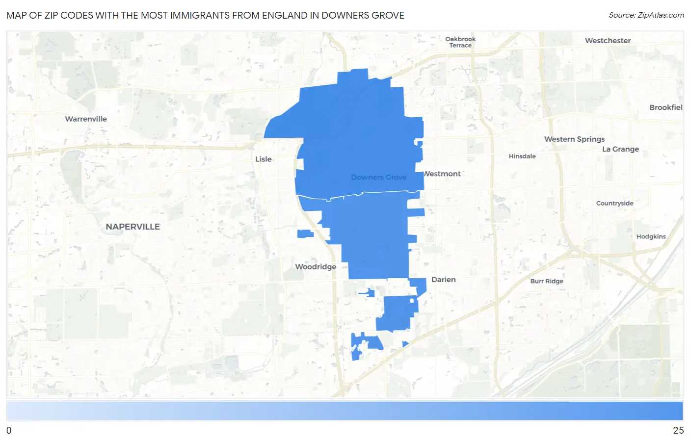 Zip Codes with the Most Immigrants from England in Downers Grove Map
