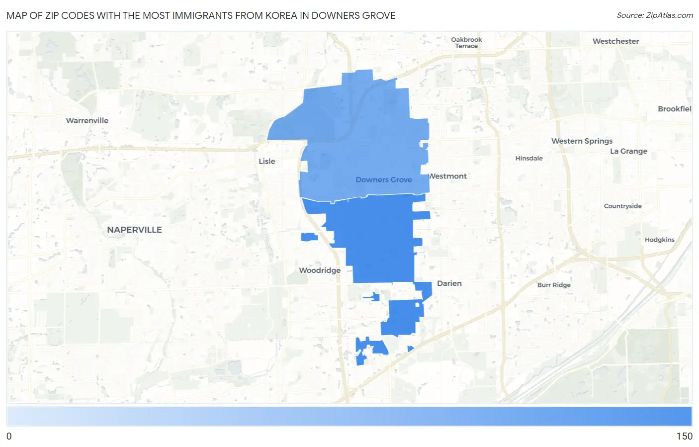 Zip Codes with the Most Immigrants from Korea in Downers Grove Map