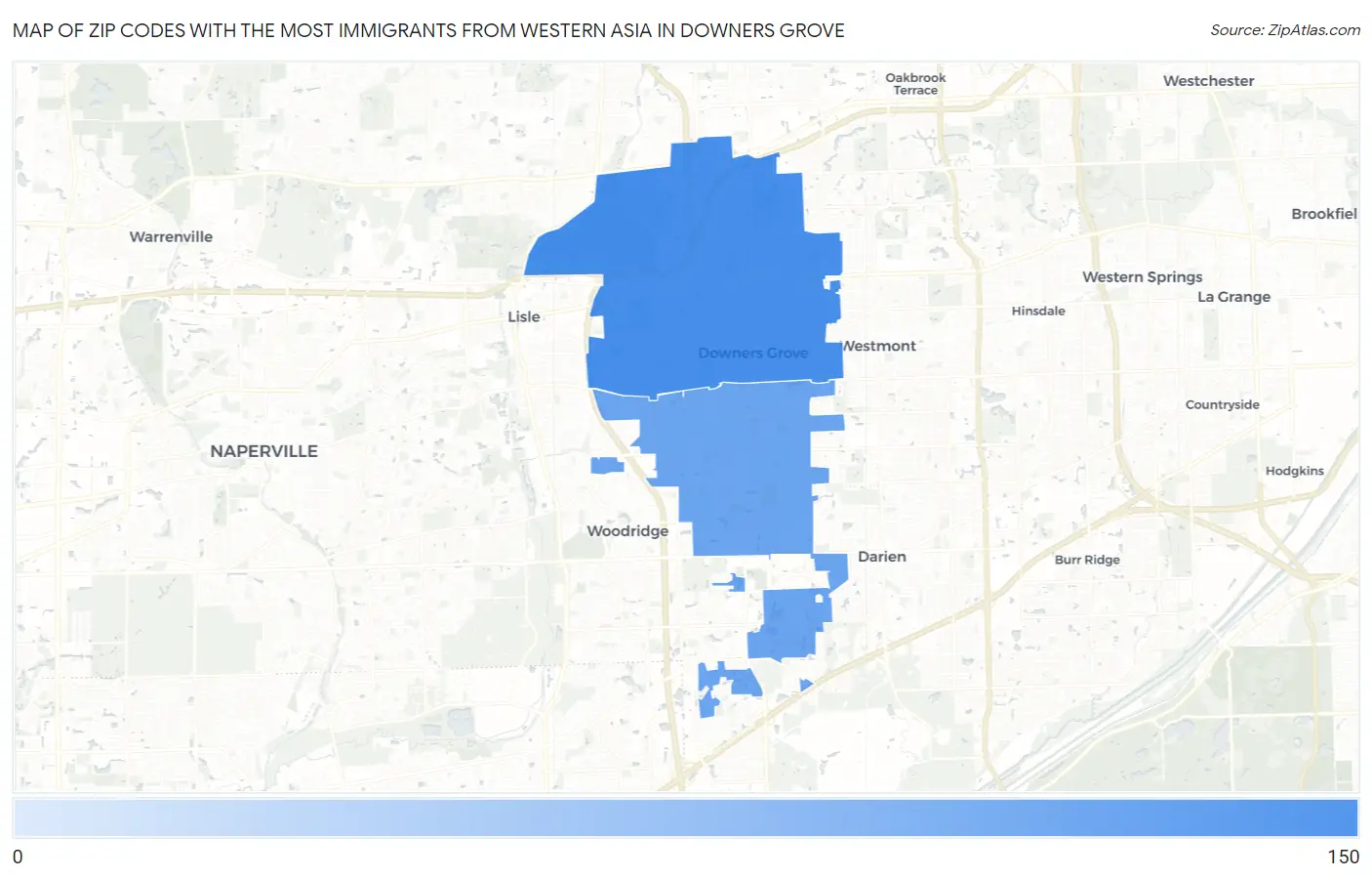 Zip Codes with the Most Immigrants from Western Asia in Downers Grove Map