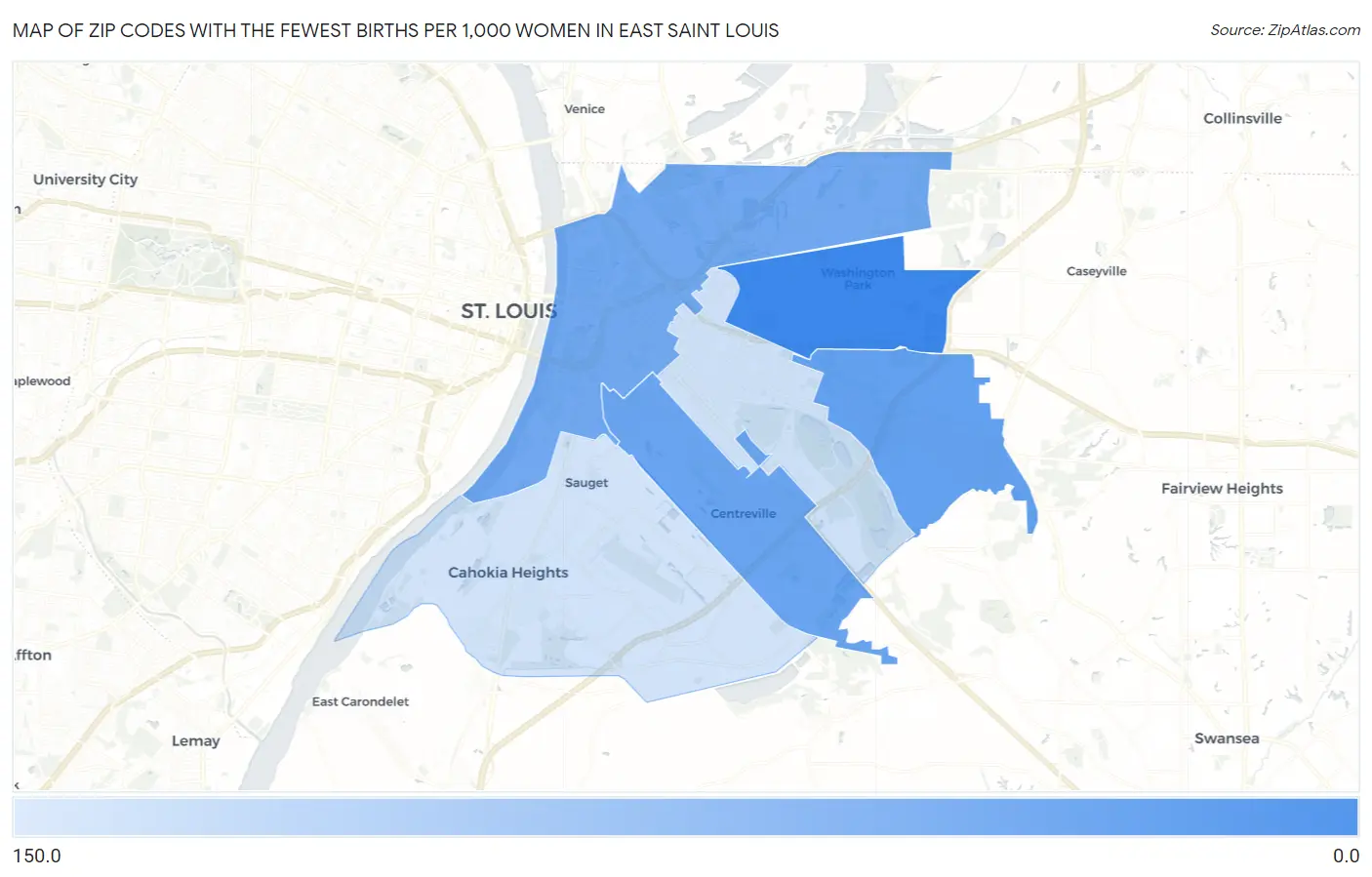 Zip Codes with the Fewest Births per 1,000 Women in East Saint Louis Map