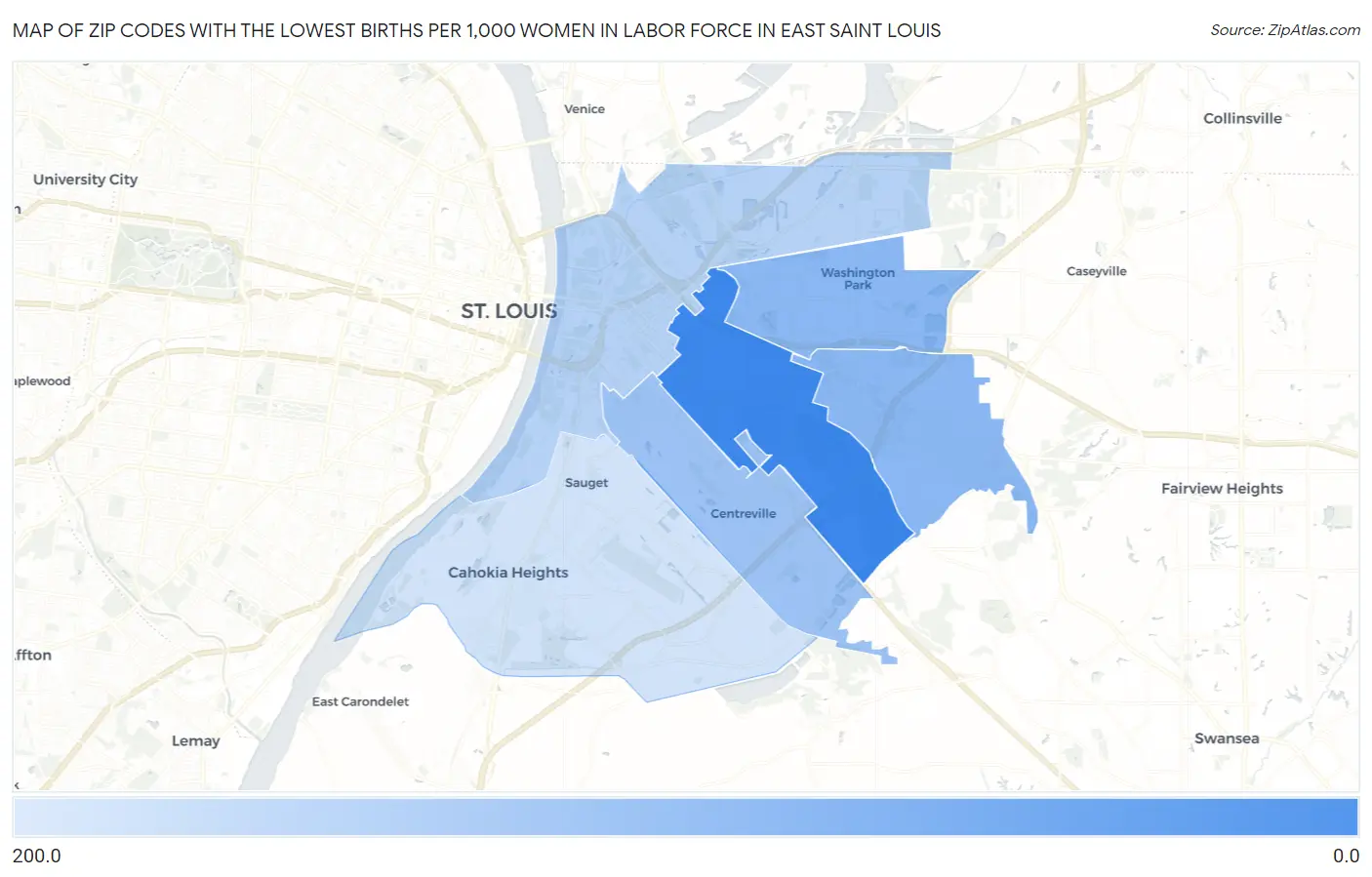 Zip Codes with the Lowest Births per 1,000 Women in Labor Force in East Saint Louis Map