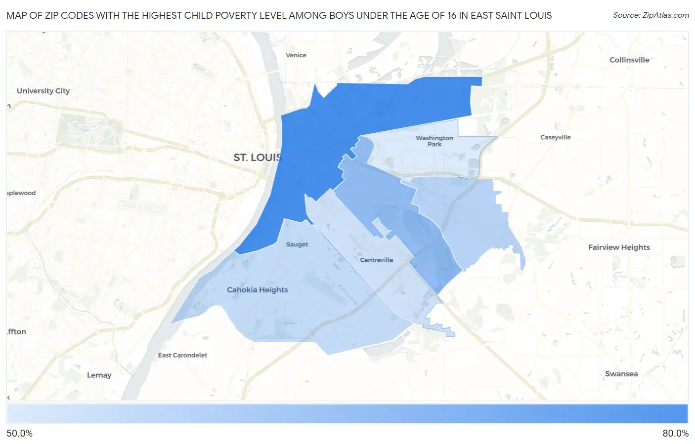 Zip Codes with the Highest Child Poverty Level Among Boys Under the Age of 16 in East Saint Louis Map