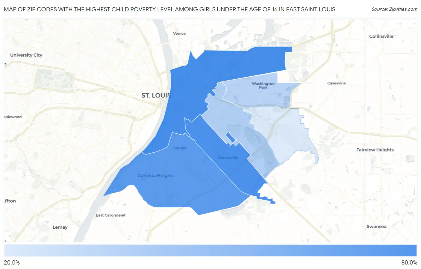 Zip Codes with the Highest Child Poverty Level Among Girls Under the Age of 16 in East Saint Louis Map