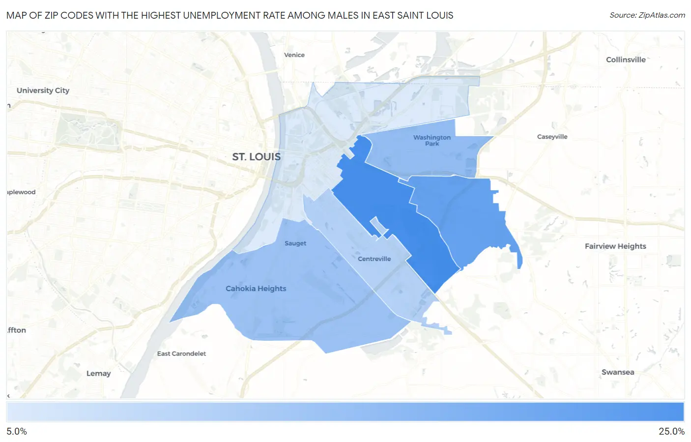 Zip Codes with the Highest Unemployment Rate Among Males in East Saint Louis Map