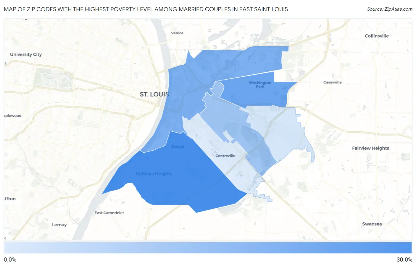 Zip Codes with the Highest Poverty Level Among Married Couples in East Saint Louis Map