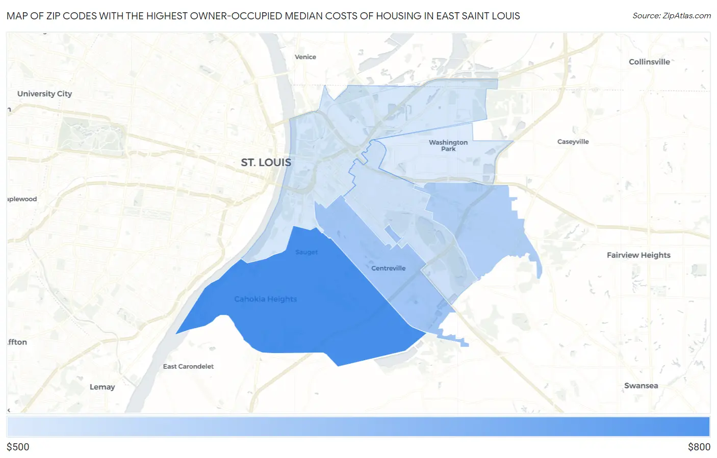 Zip Codes with the Highest Owner-Occupied Median Costs of Housing in East Saint Louis Map