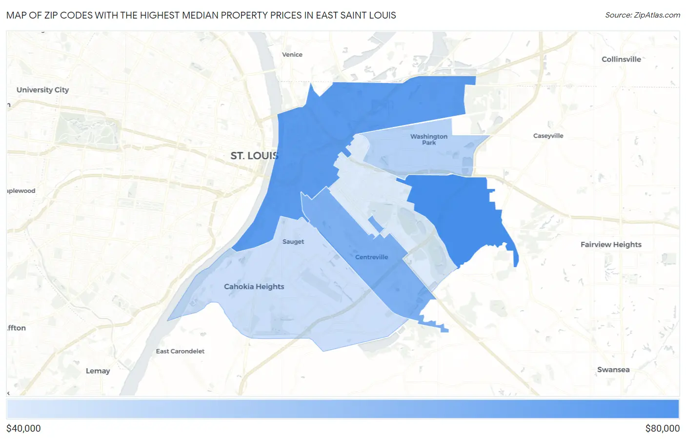 Zip Codes with the Highest Median Property Prices in East Saint Louis Map