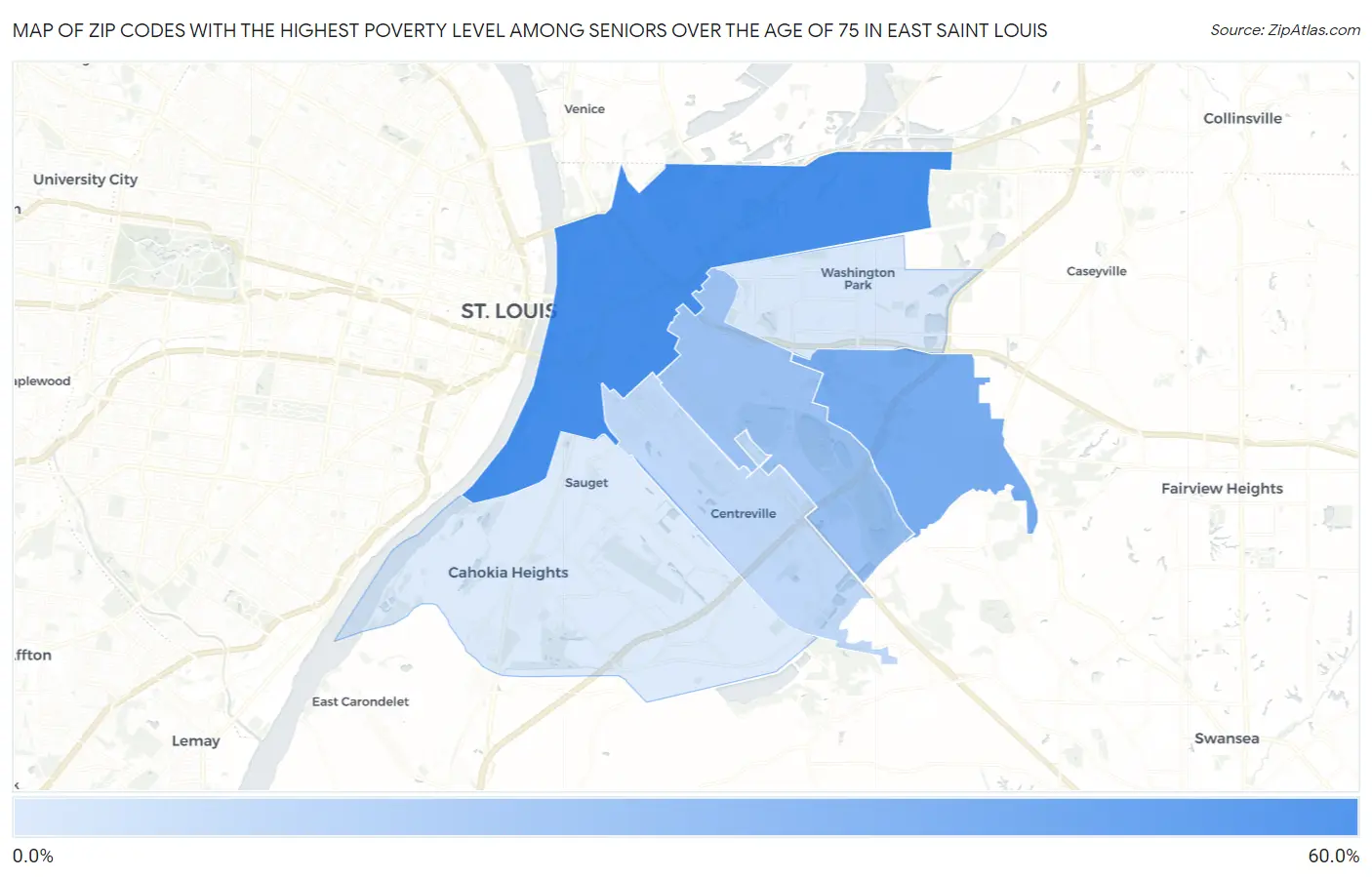 Zip Codes with the Highest Poverty Level Among Seniors Over the Age of 75 in East Saint Louis Map