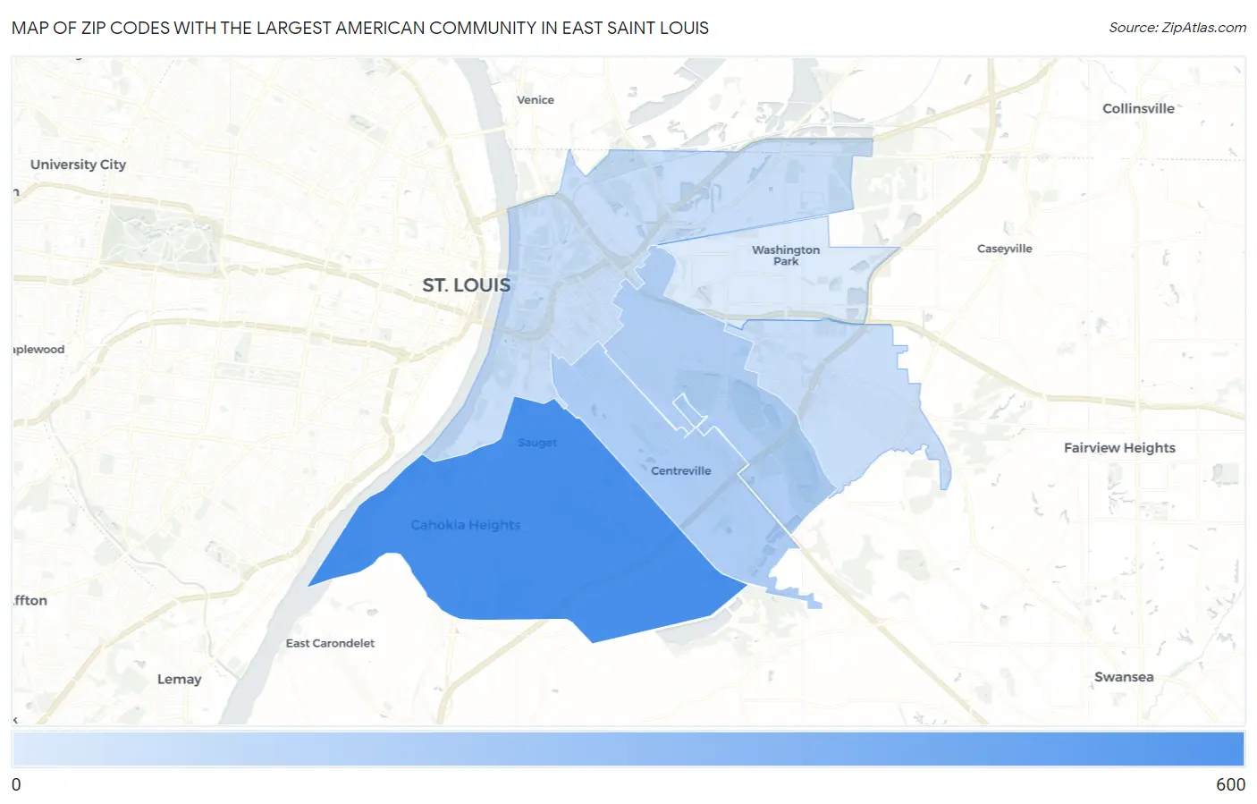 Zip Codes with the Largest American Community in East Saint Louis Map