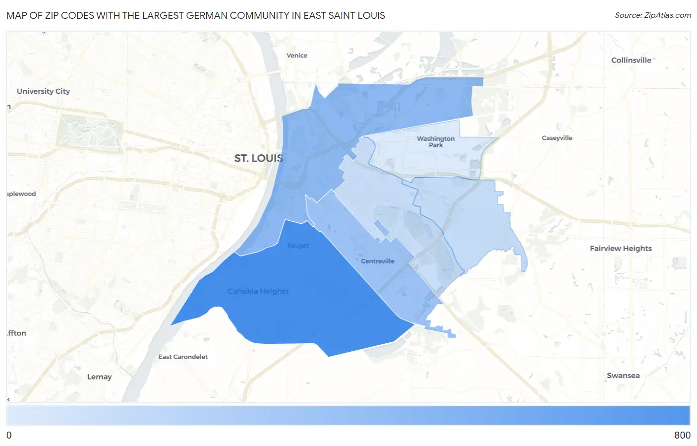 Zip Codes with the Largest German Community in East Saint Louis Map