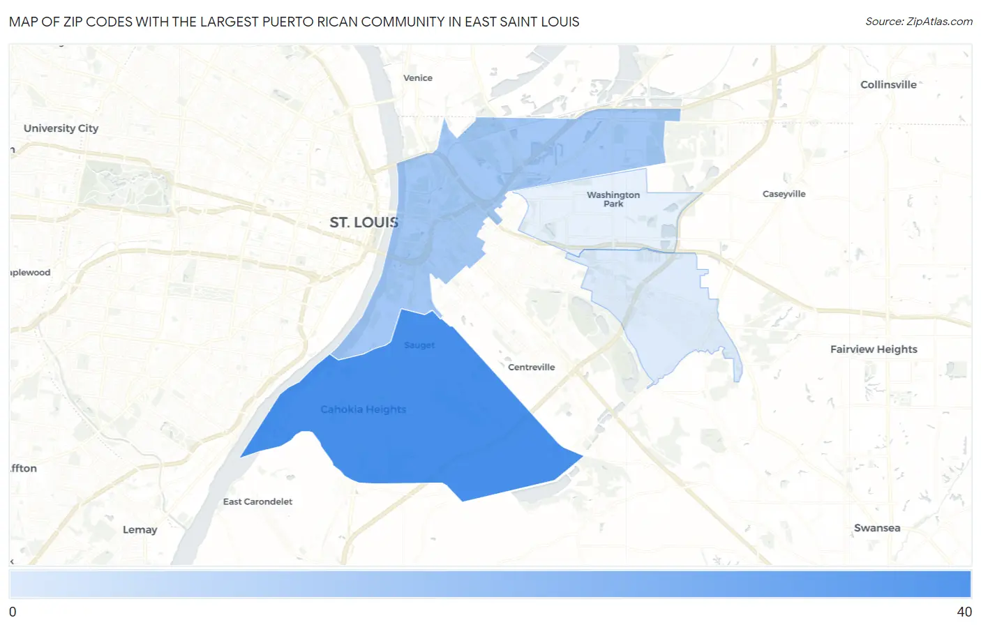 Zip Codes with the Largest Puerto Rican Community in East Saint Louis Map