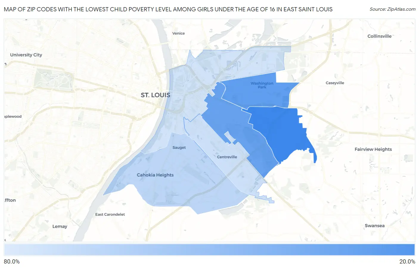 Zip Codes with the Lowest Child Poverty Level Among Girls Under the Age of 16 in East Saint Louis Map