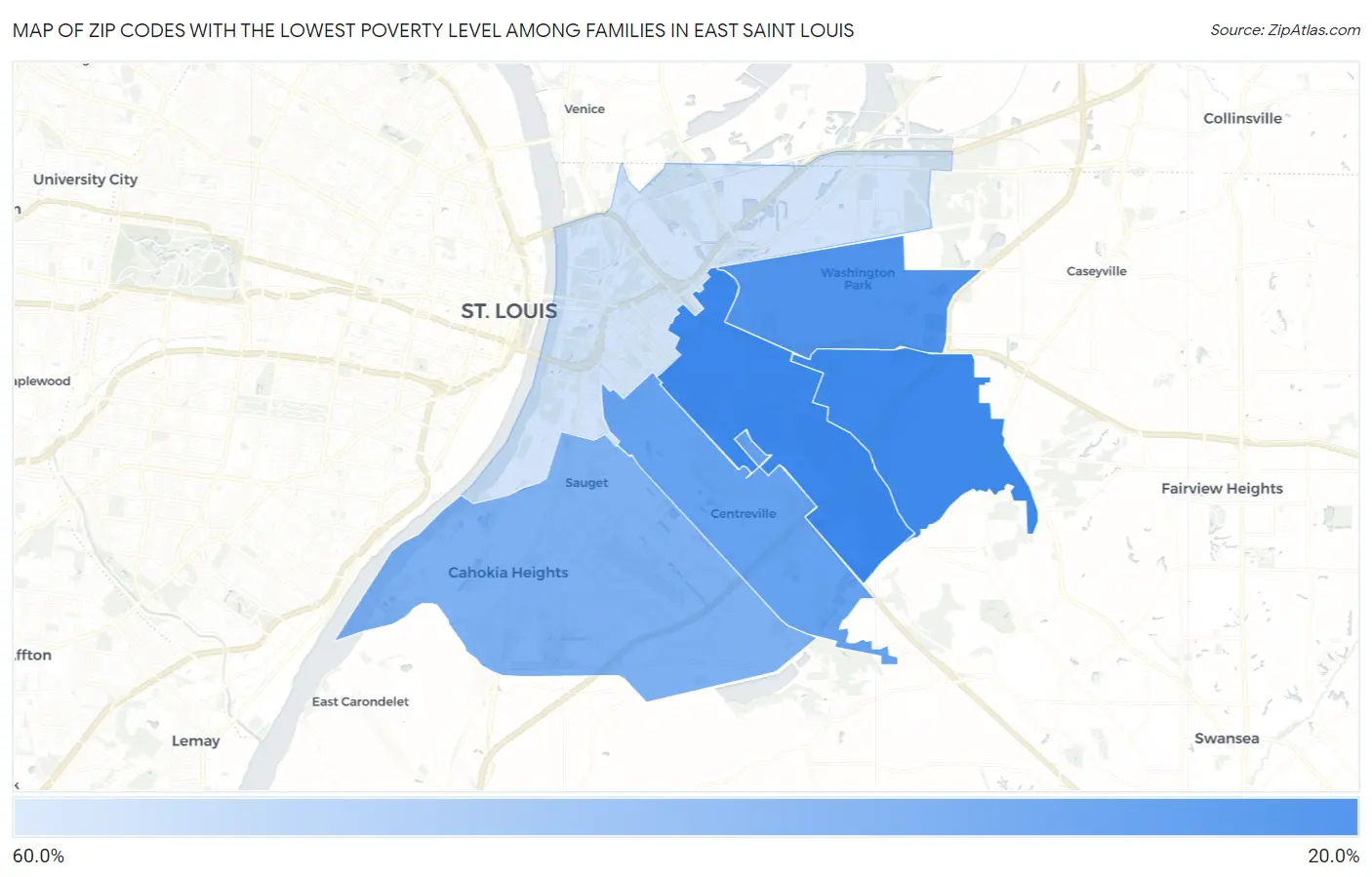 Zip Codes with the Lowest Poverty Level Among Families in East Saint Louis Map