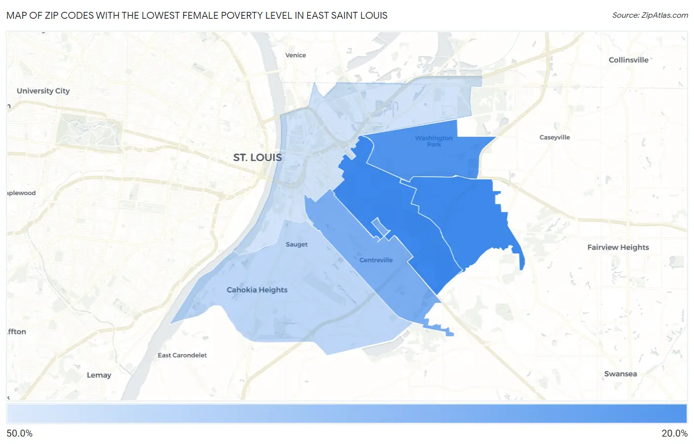 Zip Codes with the Lowest Female Poverty Level in East Saint Louis Map