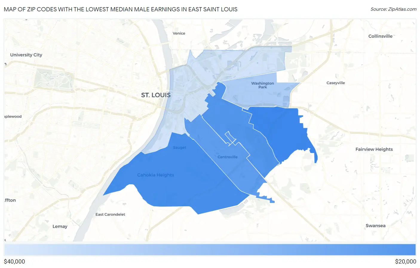 Zip Codes with the Lowest Median Male Earnings in East Saint Louis Map