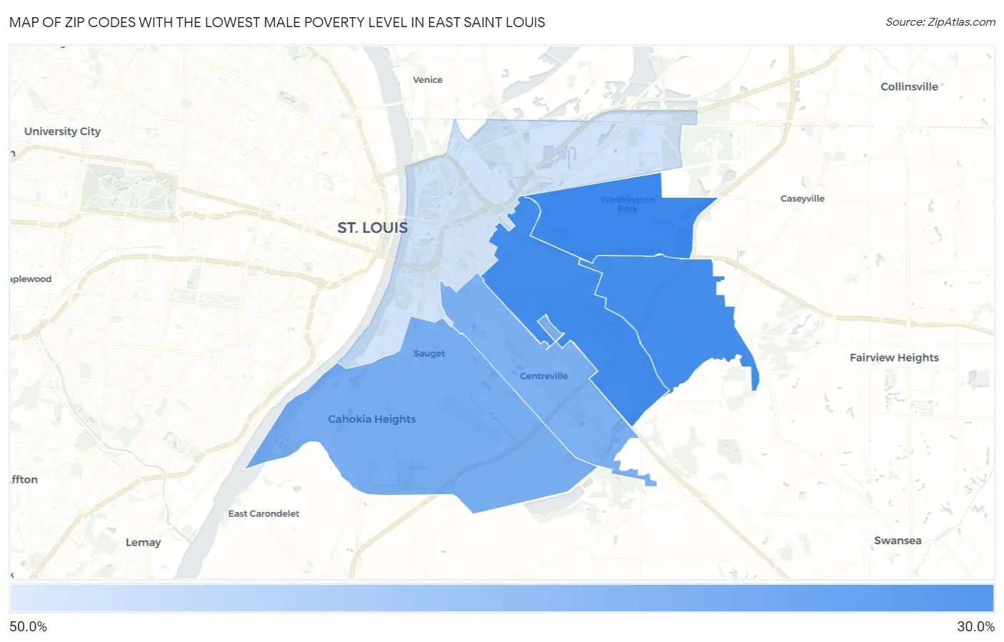 Zip Codes with the Lowest Male Poverty Level in East Saint Louis Map