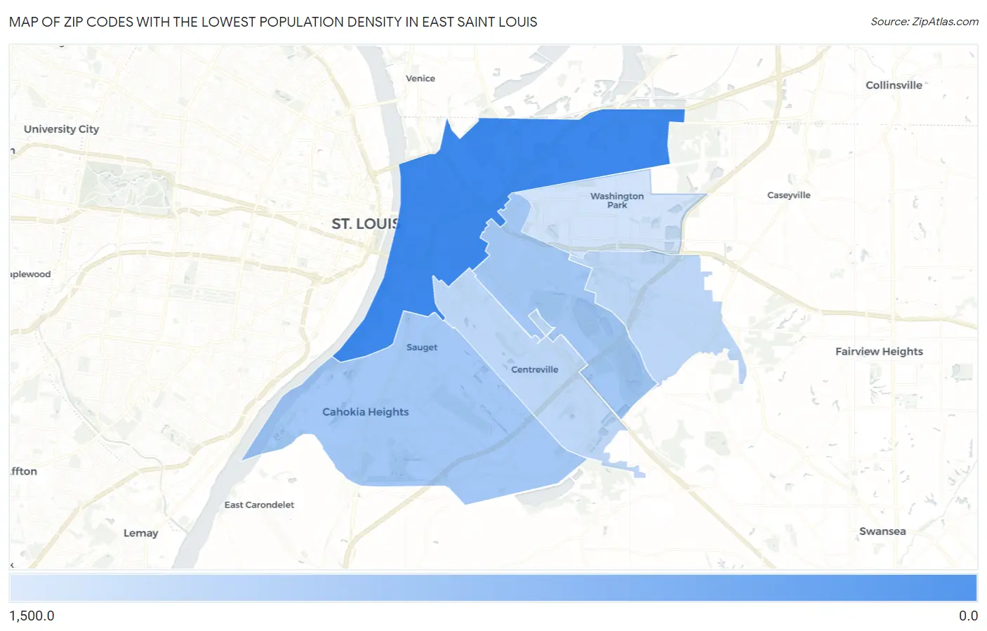 Zip Codes with the Lowest Population Density in East Saint Louis Map