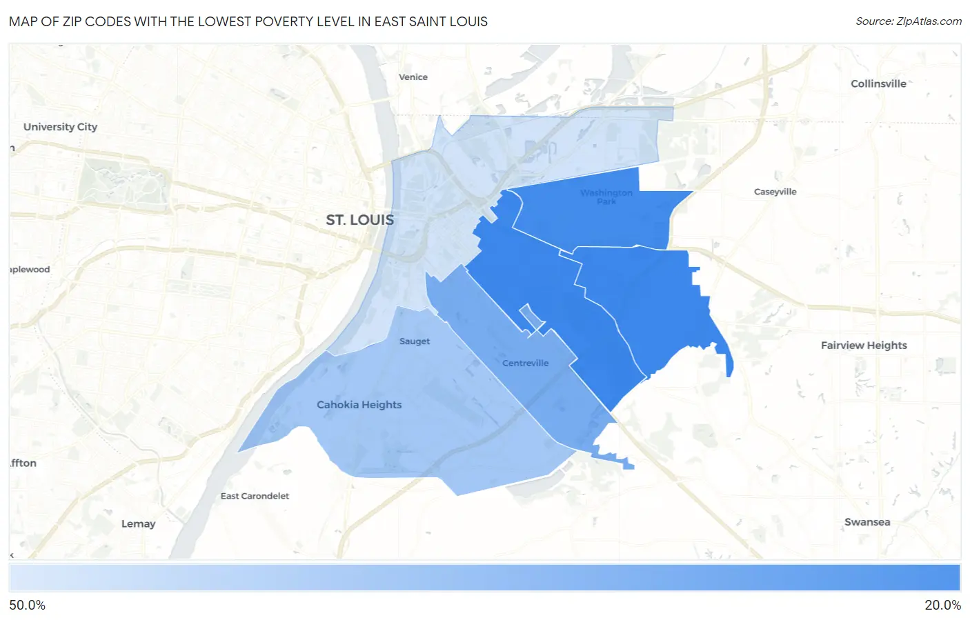 Zip Codes with the Lowest Poverty Level in East Saint Louis Map