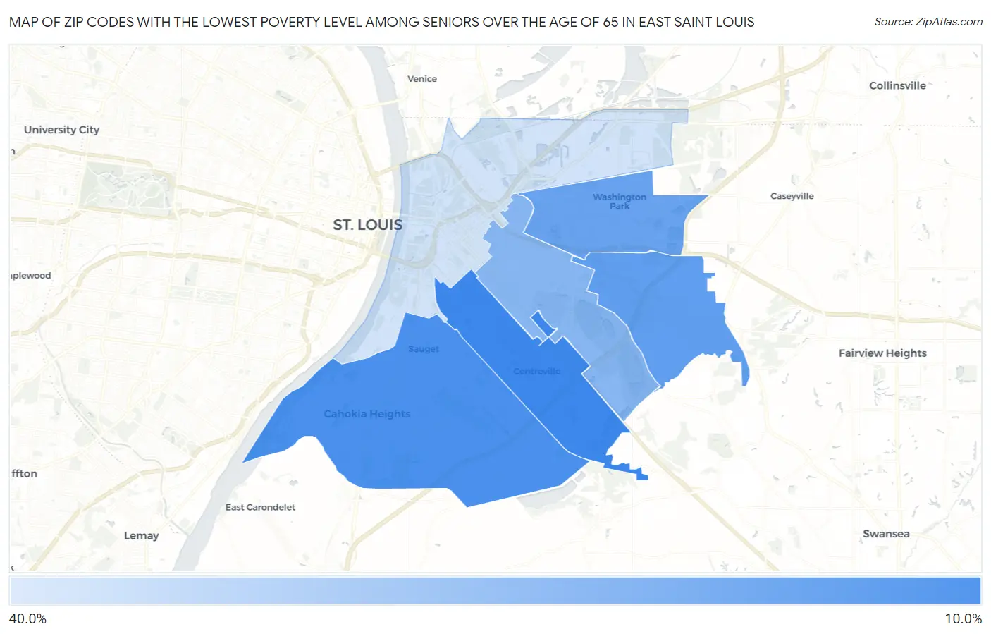 Zip Codes with the Lowest Poverty Level Among Seniors Over the Age of 65 in East Saint Louis Map