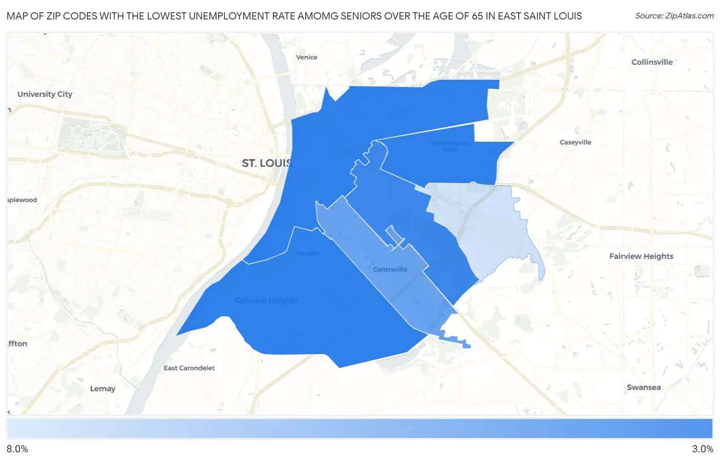 Zip Codes with the Lowest Unemployment Rate Amomg Seniors Over the Age of 65 in East Saint Louis Map