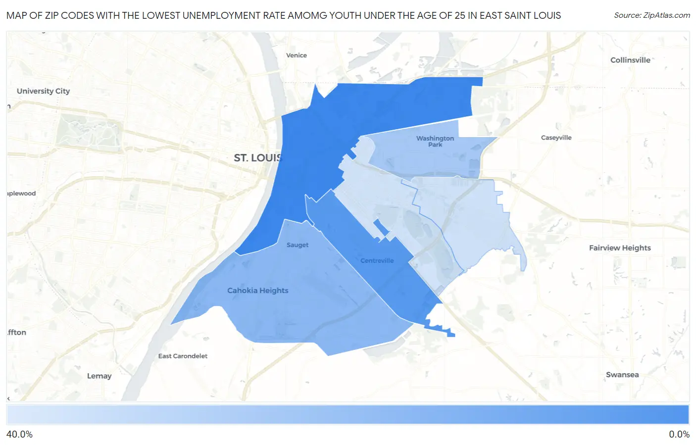 Zip Codes with the Lowest Unemployment Rate Amomg Youth Under the Age of 25 in East Saint Louis Map