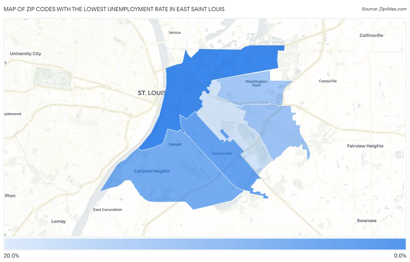 Zip Codes with the Lowest Unemployment Rate in East Saint Louis Map