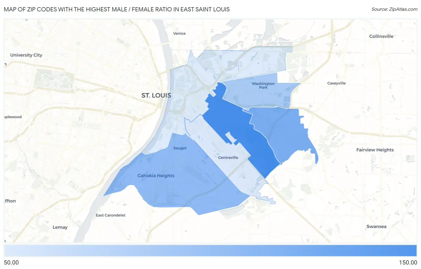 Zip Codes with the Highest Male / Female Ratio in East Saint Louis Map