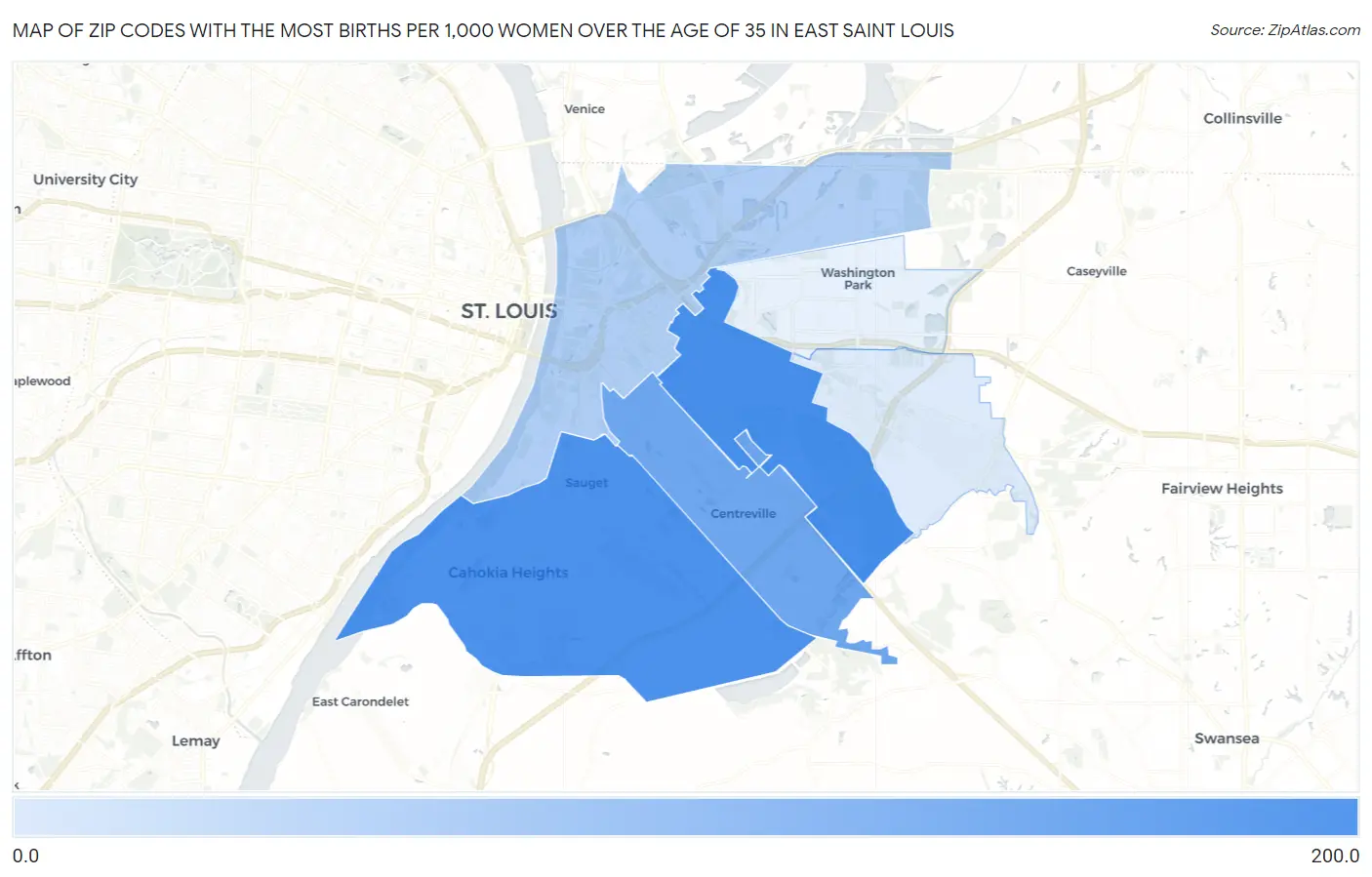 Zip Codes with the Most Births per 1,000 Women Over the Age of 35 in East Saint Louis Map