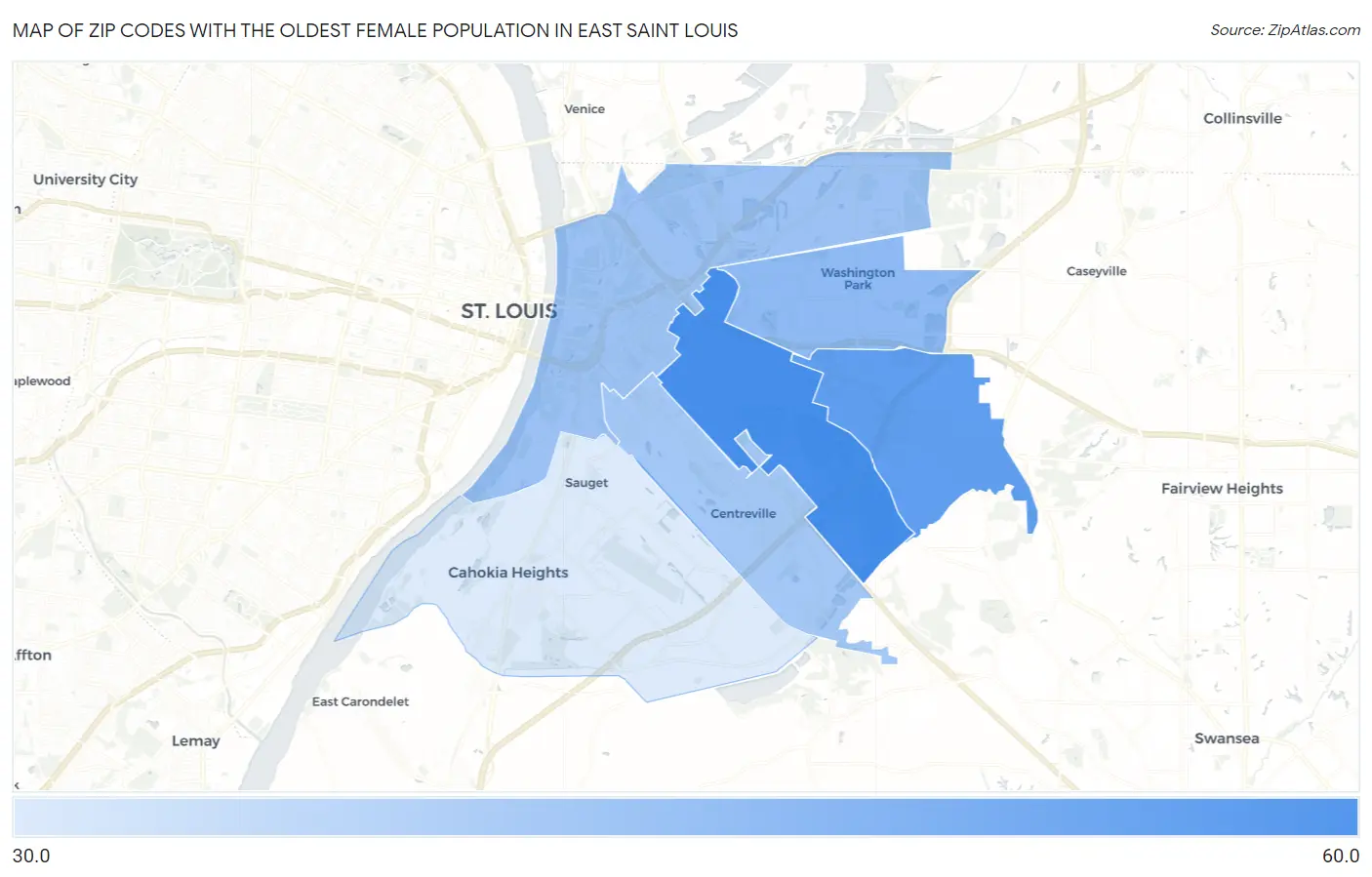 Zip Codes with the Oldest Female Population in East Saint Louis Map