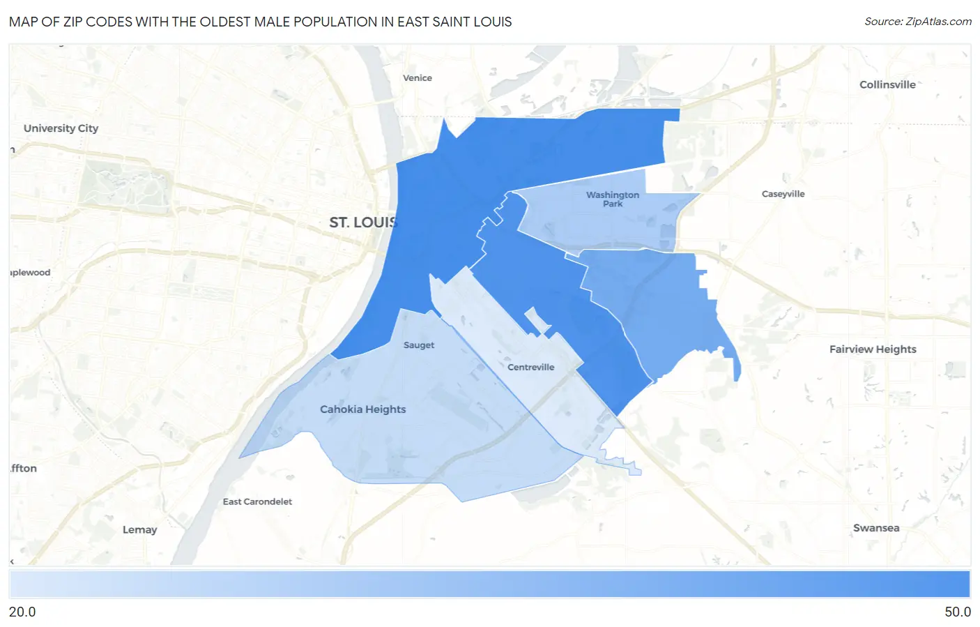 Zip Codes with the Oldest Male Population in East Saint Louis Map