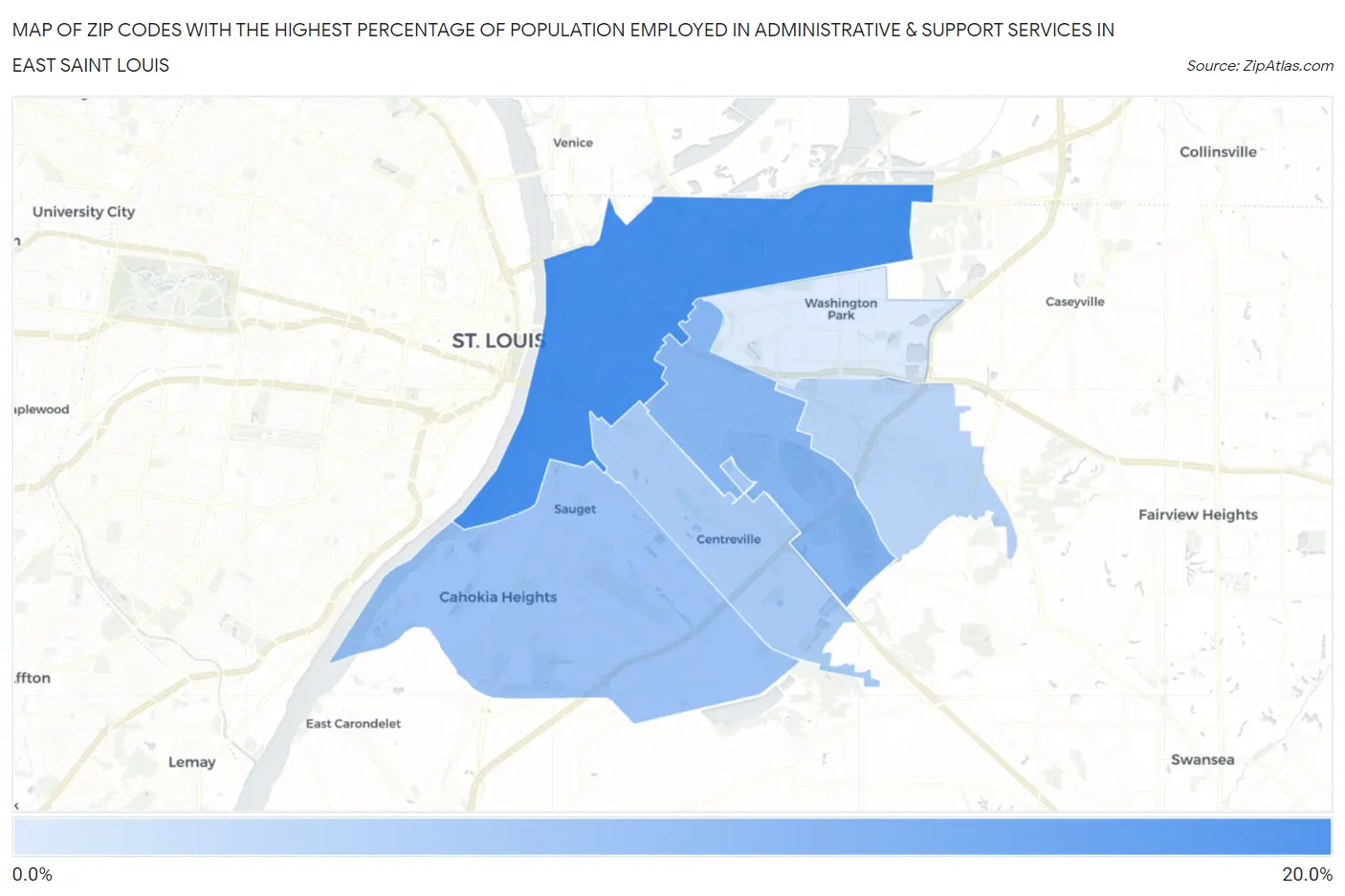 Zip Codes with the Highest Percentage of Population Employed in Administrative & Support Services in East Saint Louis Map