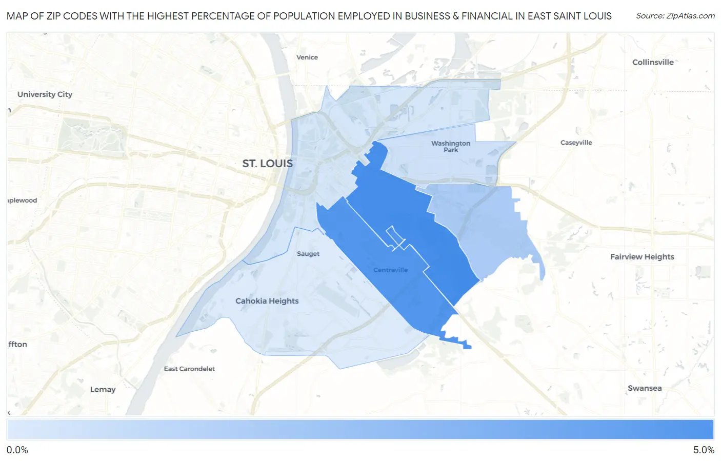 Zip Codes with the Highest Percentage of Population Employed in Business & Financial in East Saint Louis Map
