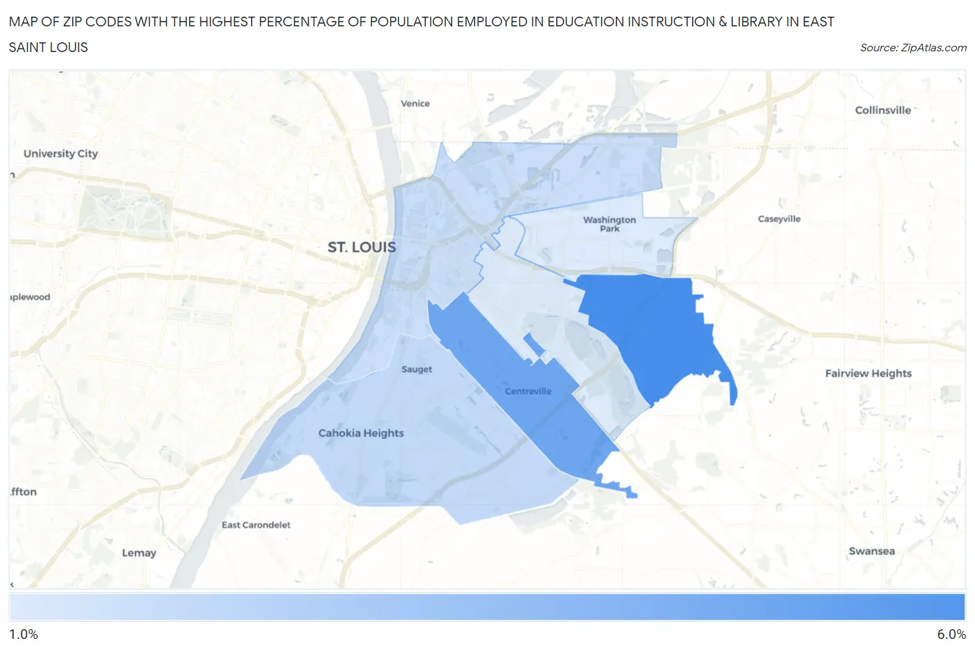 Zip Codes with the Highest Percentage of Population Employed in Education Instruction & Library in East Saint Louis Map