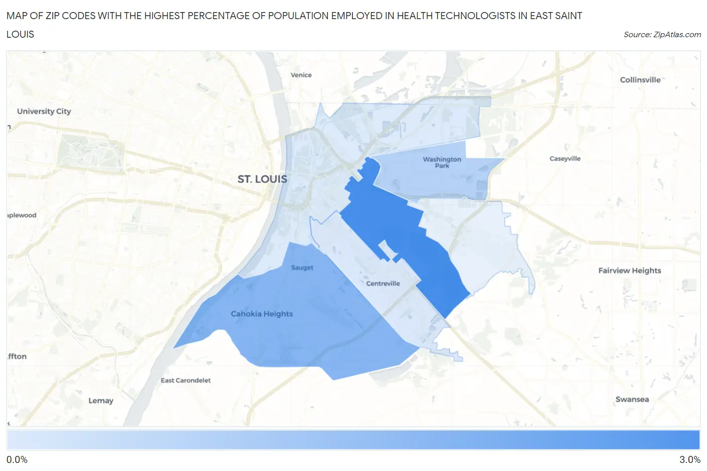 Zip Codes with the Highest Percentage of Population Employed in Health Technologists in East Saint Louis Map