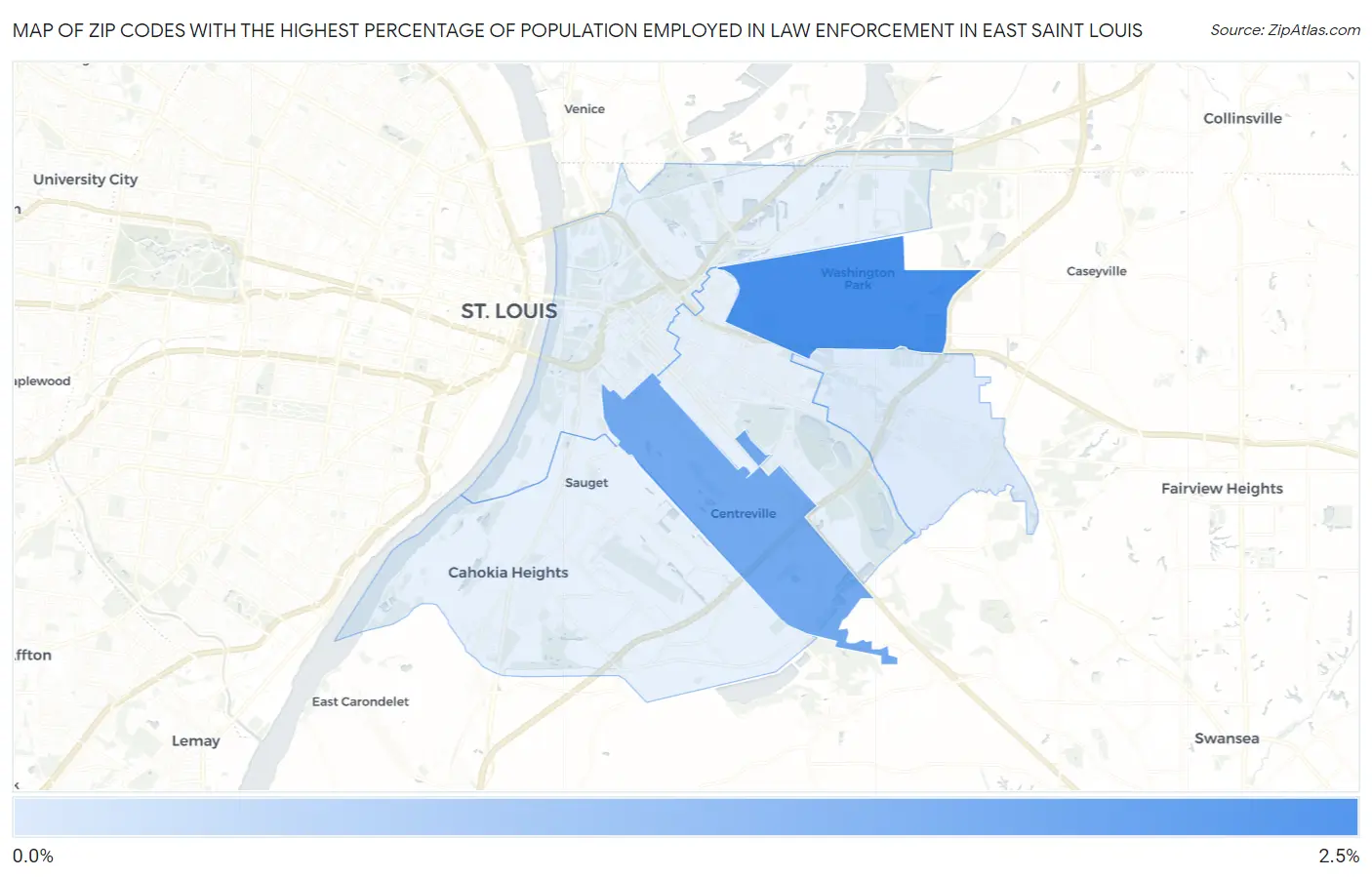 Zip Codes with the Highest Percentage of Population Employed in Law Enforcement in East Saint Louis Map