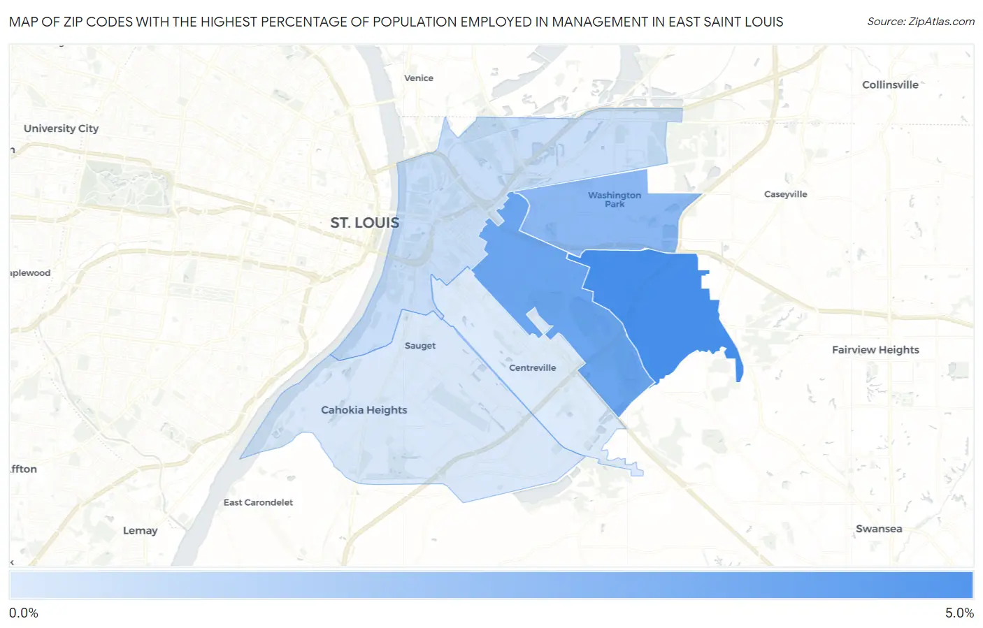 Zip Codes with the Highest Percentage of Population Employed in Management in East Saint Louis Map