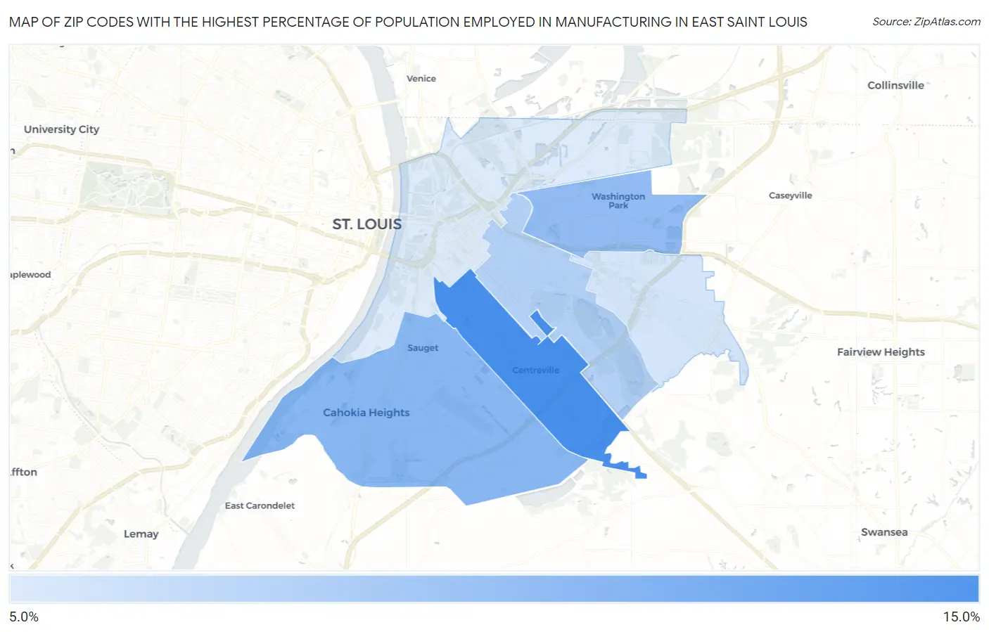 Zip Codes with the Highest Percentage of Population Employed in Manufacturing in East Saint Louis Map