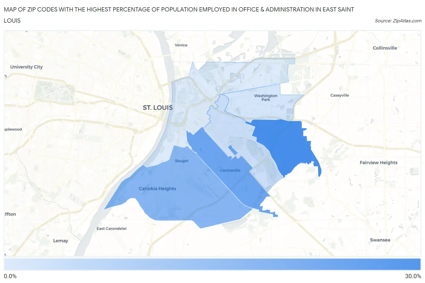 Zip Codes with the Highest Percentage of Population Employed in Office & Administration in East Saint Louis Map