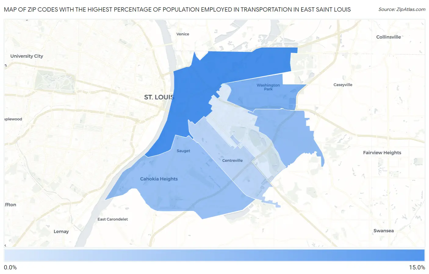 Zip Codes with the Highest Percentage of Population Employed in Transportation in East Saint Louis Map
