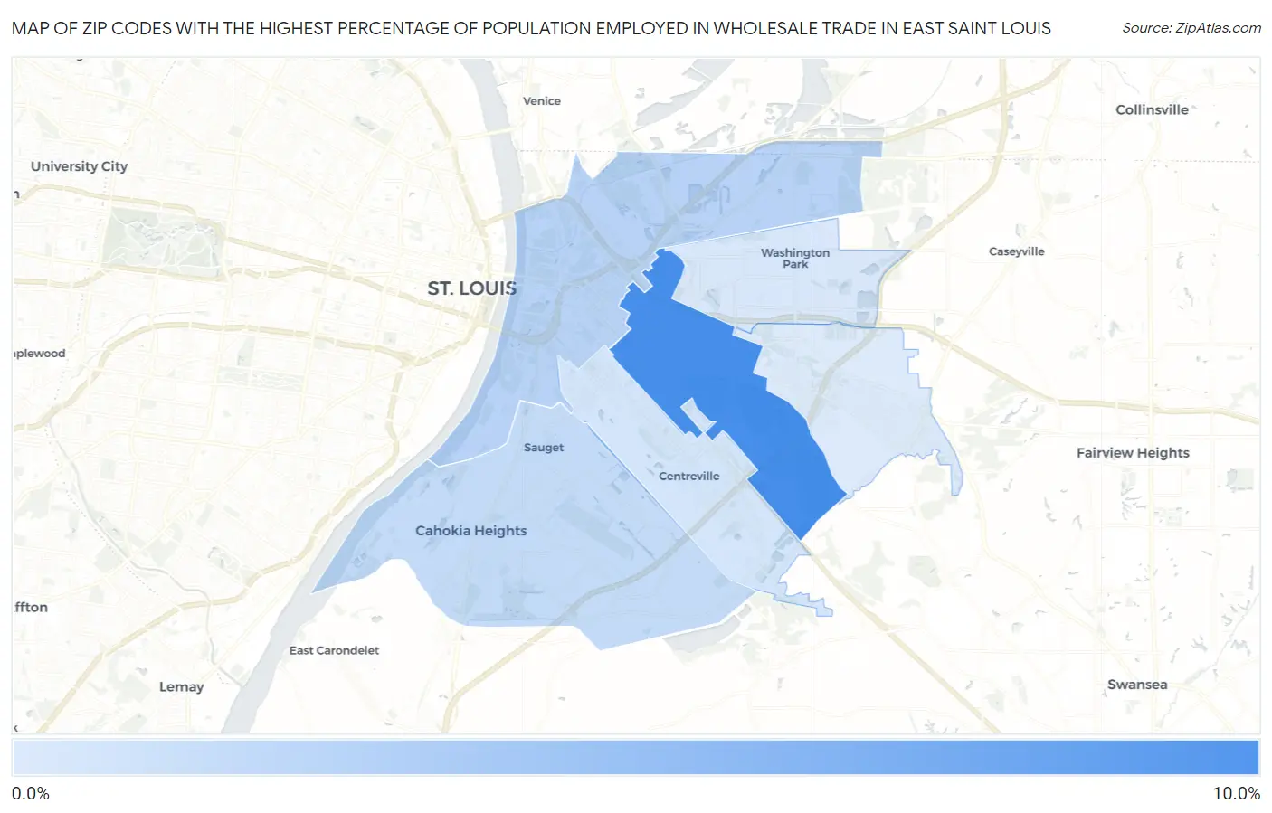 Zip Codes with the Highest Percentage of Population Employed in Wholesale Trade in East Saint Louis Map