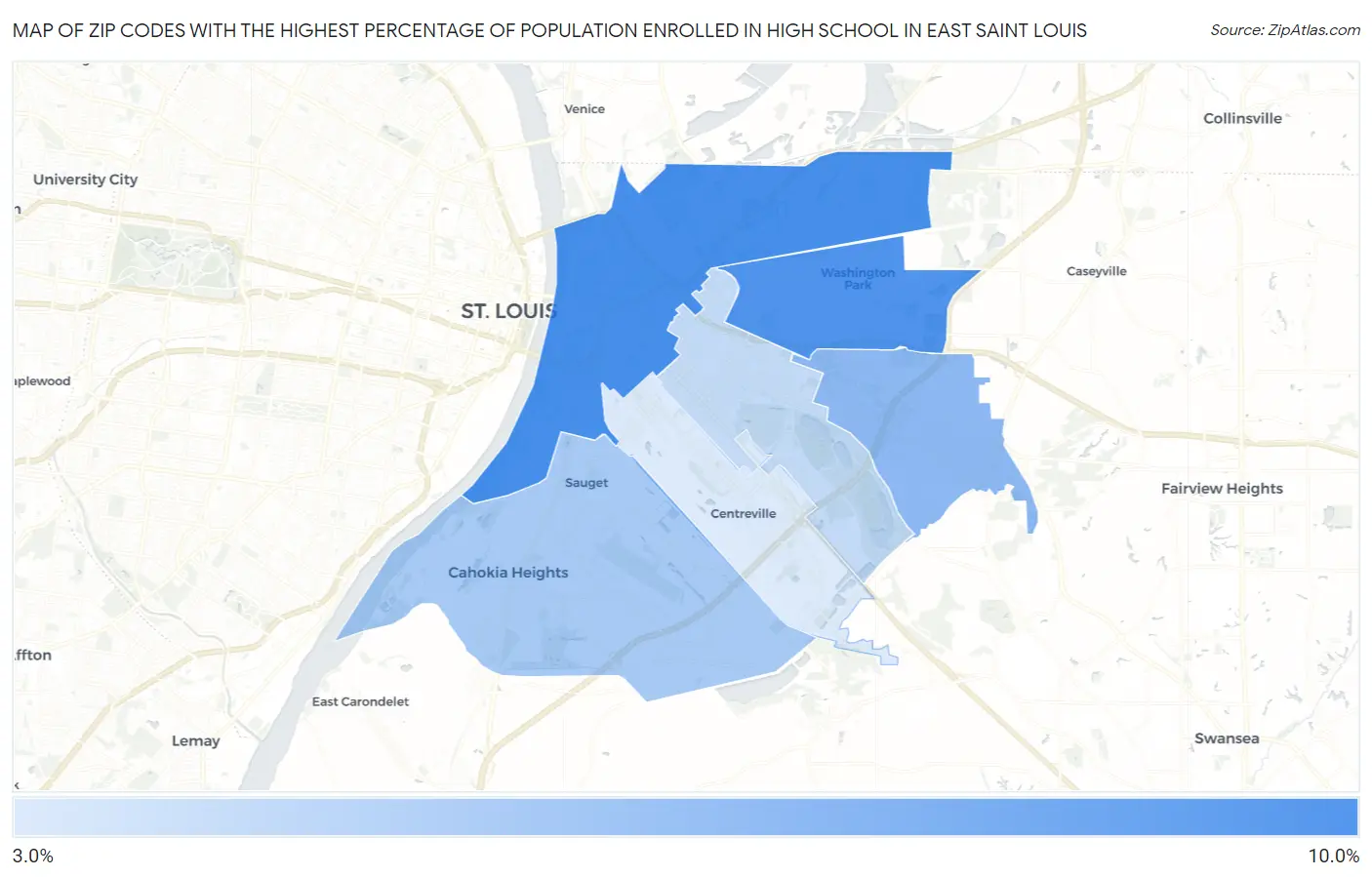 Zip Codes with the Highest Percentage of Population Enrolled in High School in East Saint Louis Map