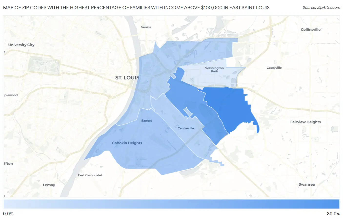 Zip Codes with the Highest Percentage of Families with Income Above $100,000 in East Saint Louis Map