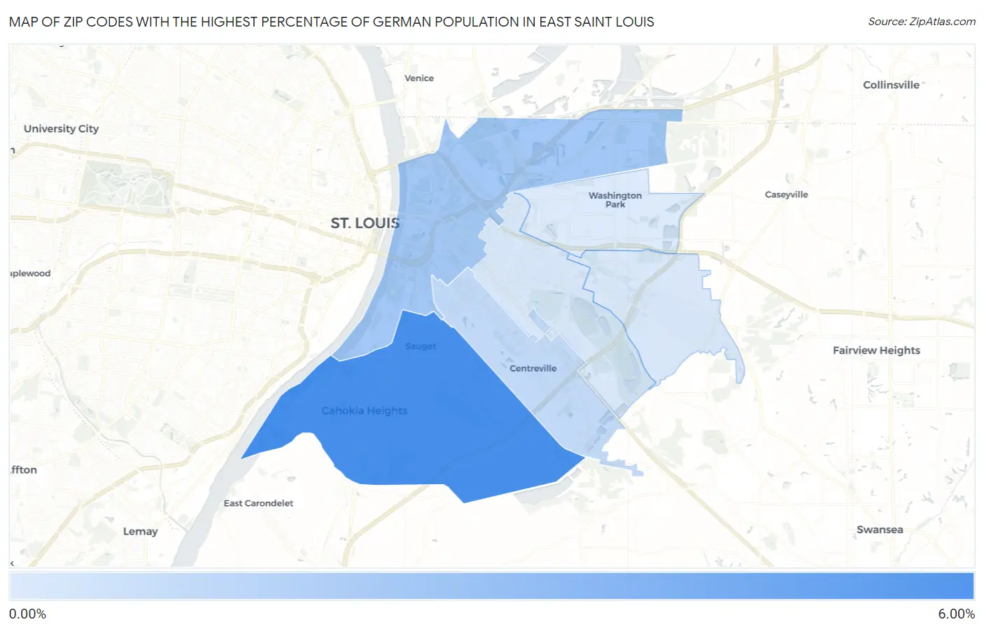 Zip Codes with the Highest Percentage of German Population in East Saint Louis Map