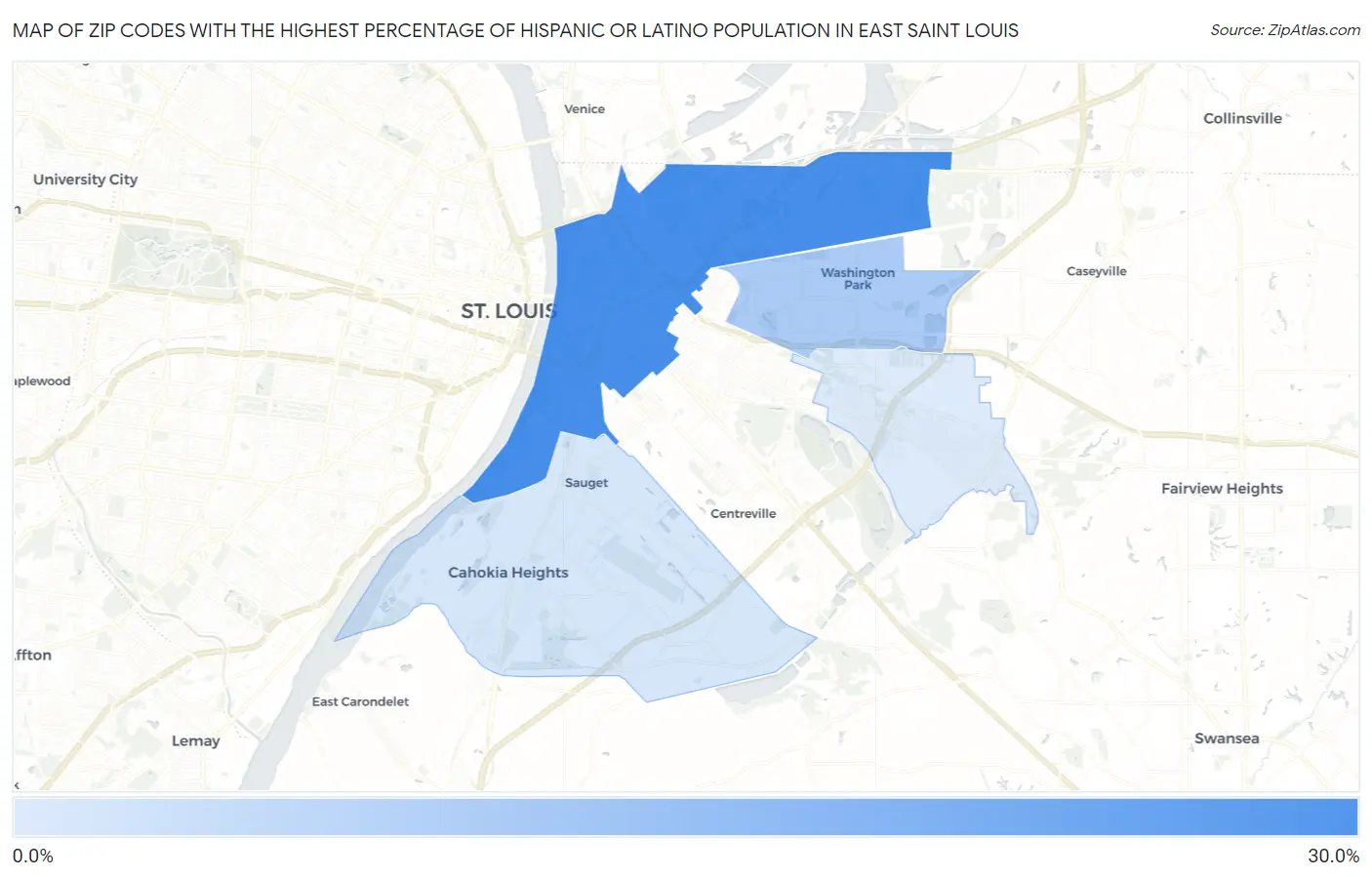 Zip Codes with the Highest Percentage of Hispanic or Latino Population in East Saint Louis Map