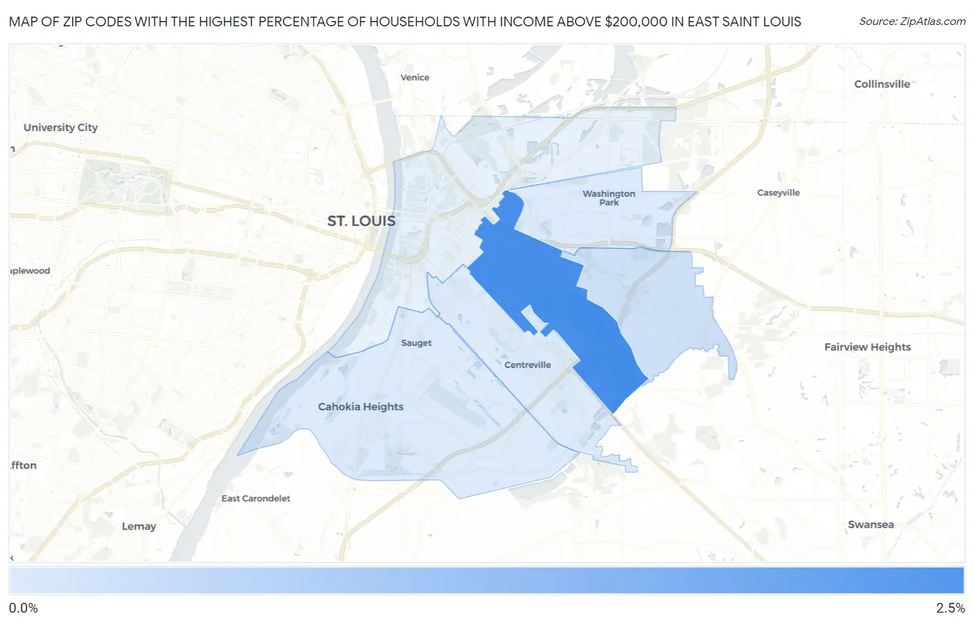 Zip Codes with the Highest Percentage of Households with Income Above $200,000 in East Saint Louis Map