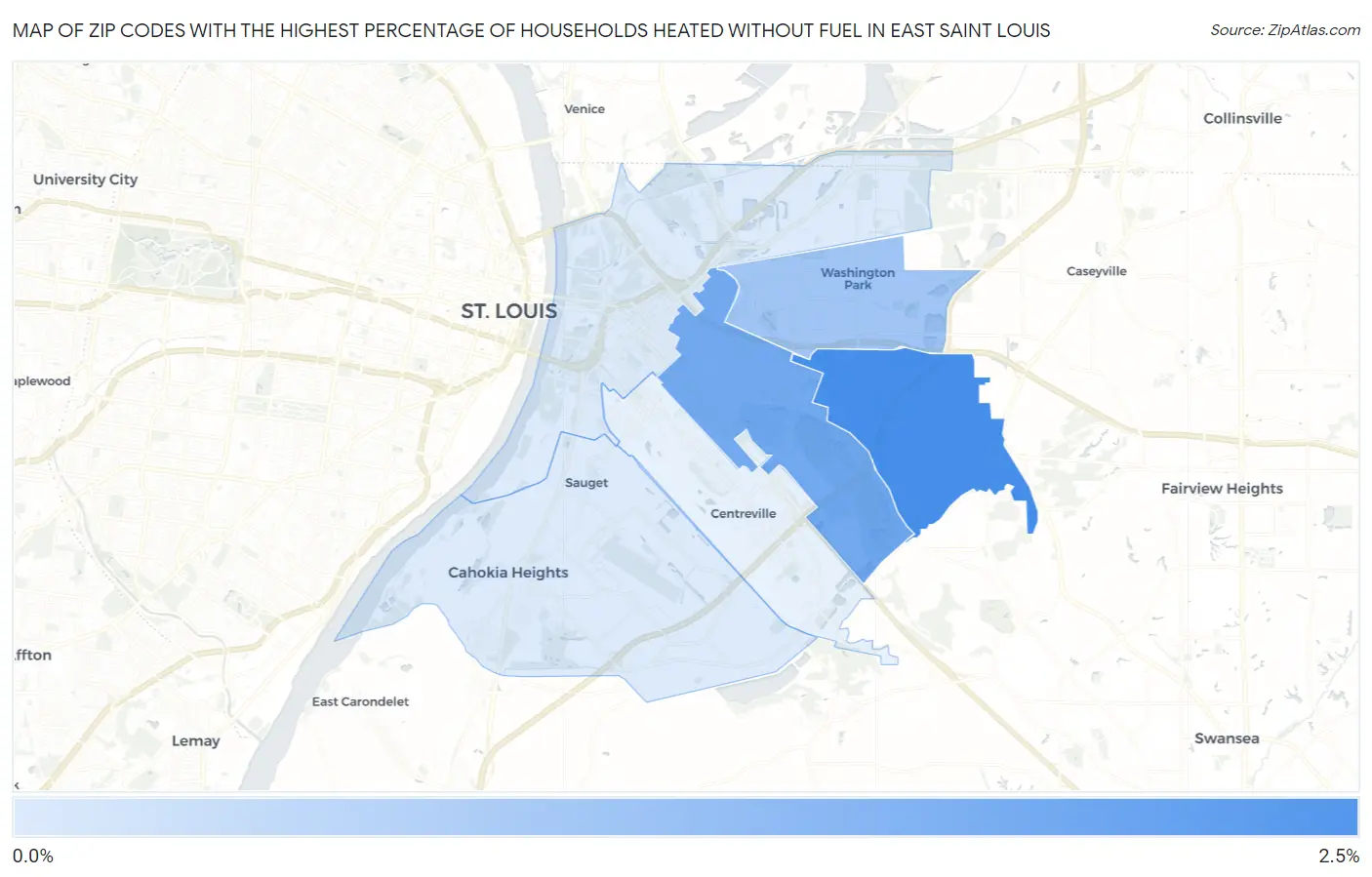 Zip Codes with the Highest Percentage of Households Heated without Fuel in East Saint Louis Map