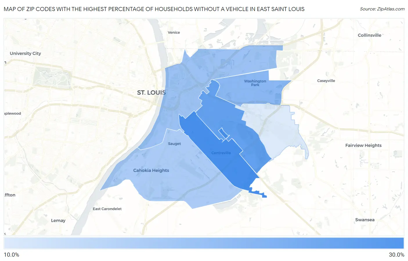 Zip Codes with the Highest Percentage of Households Without a Vehicle in East Saint Louis Map