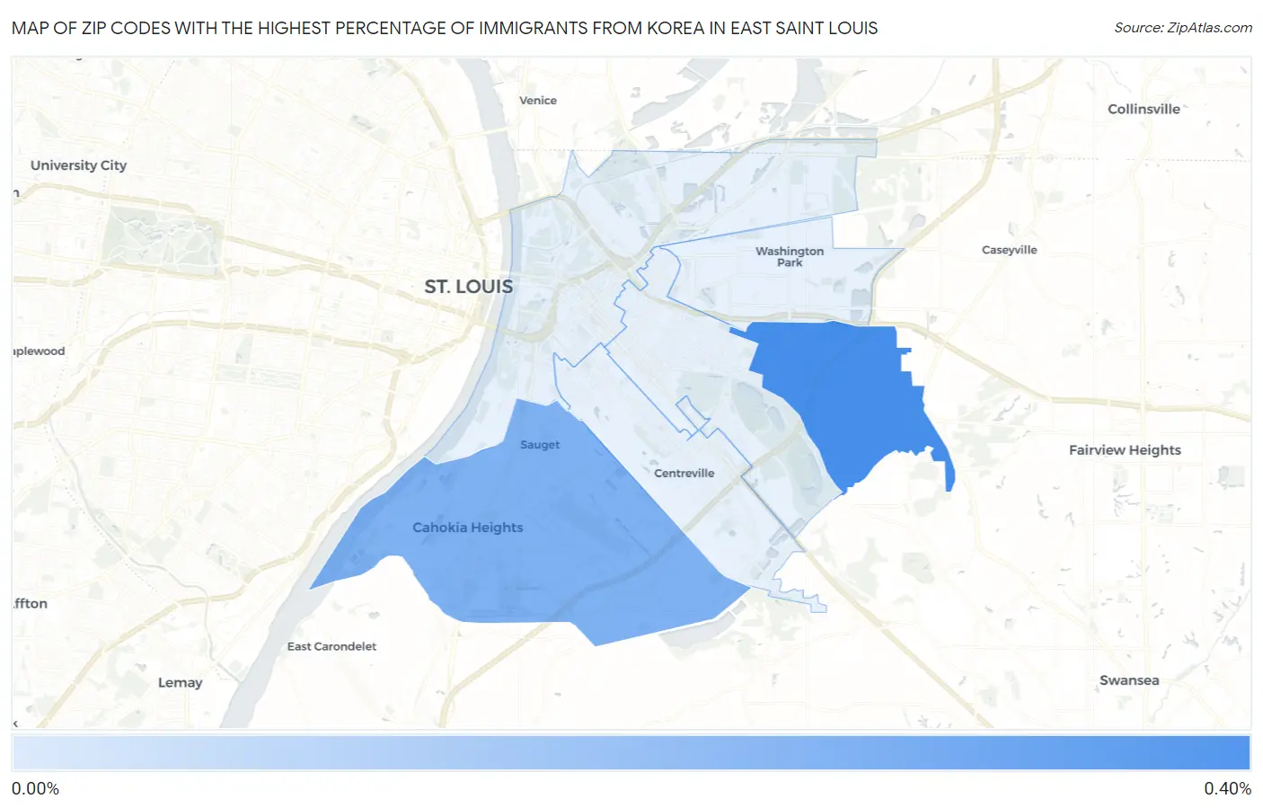 Zip Codes with the Highest Percentage of Immigrants from Korea in East Saint Louis Map